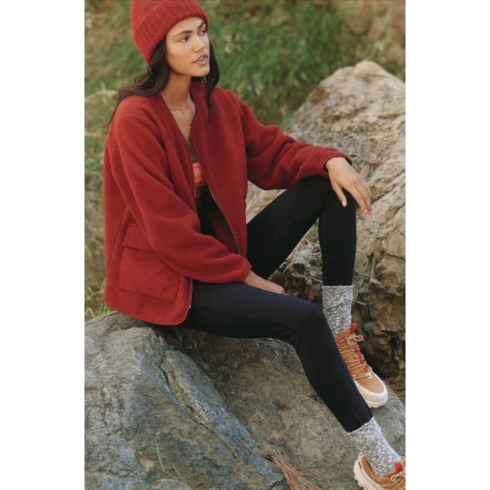 Anthropologie Varley Fleece Jacket Red Marina Collarless Cozy Athletic Small NWT
